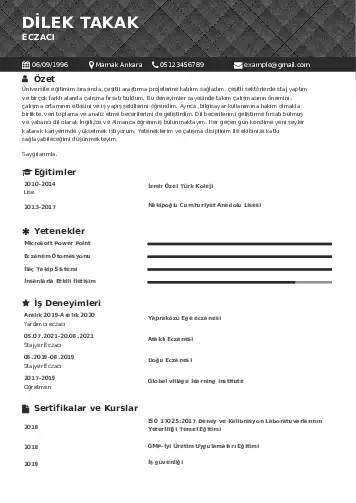 Eczacı CV Örnekleri cv indir